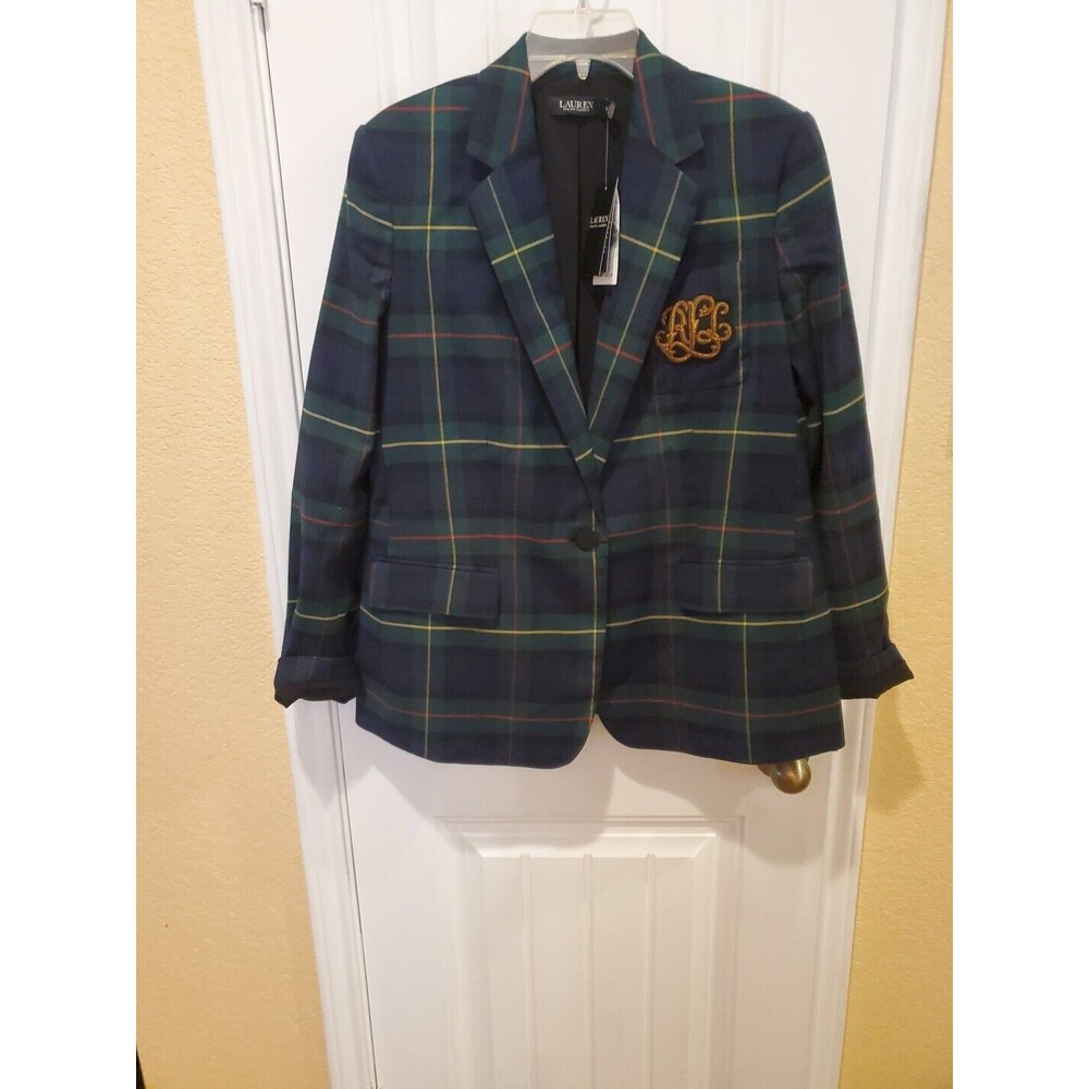 Lauren Ralph Lauren Navy Green Plaid Blazer with Gold Monogram